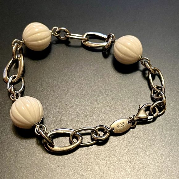 Fossil Sterling Silver Link Bracelet with White Ceramic Beads (NWOT) - Picture 4 of 6